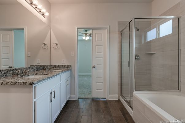 Bathroom, Dual Sink Vanities, Glass Shower, Interior, Wood Texture Flooring