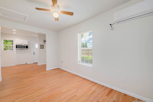 Empty room, Interior, Kitchen, Recessed Lighting, Wood Texture Flooring