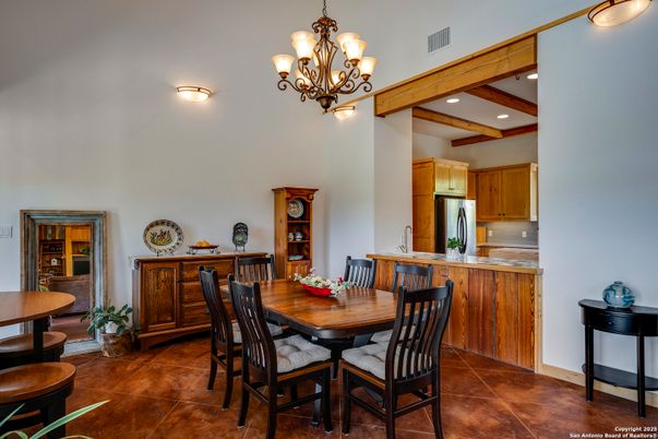 Chandelier, Dining room, Interior, Kitchen, Recessed Lighting, Stainless Steel Appliances, Wooden Beams