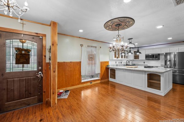 Chandelier, Interior, Kitchen, Recessed Lighting, Wood Texture Flooring