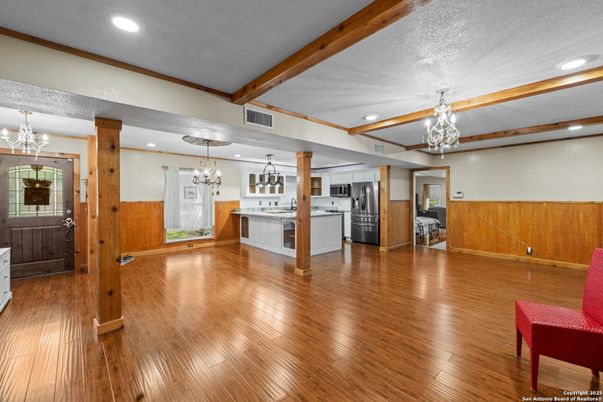 Chandelier, Empty room, Interior, Kitchen, Recessed Lighting, Wooden Beams, Wood Texture Flooring