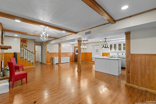 Chandelier, Interior, Kitchen, Pendant Lights, Recessed Lighting, Wooden Beams, Wood Texture Flooring