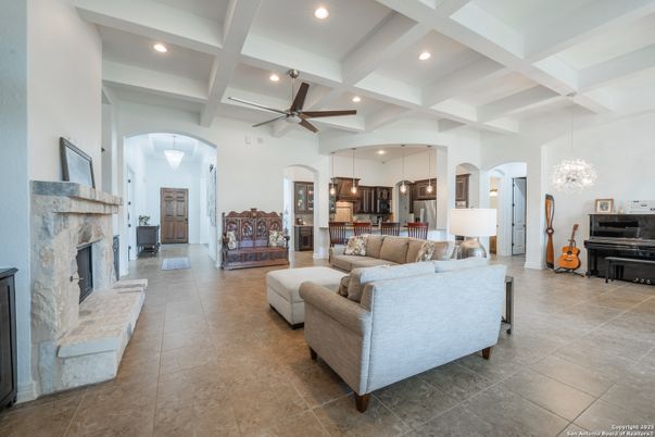 Chandelier, Fireplace, Interior, Kitchen, Living room, Pendant Lights, Piano, Recessed Lighting