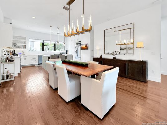 Dining room, Interior, Kitchen, Pendant Lights, Recessed Lighting, Wood Texture Flooring