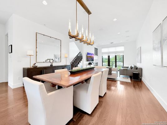 Dining room, Interior, Living room, Pendant Lights, Recessed Lighting, Wood Texture Flooring