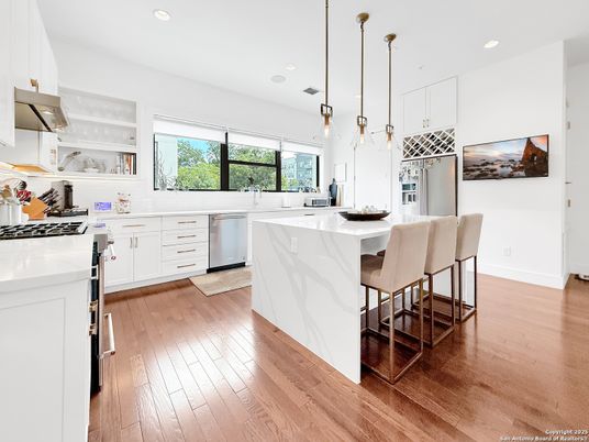 Interior, Kitchen, Pendant Lights, Recessed Lighting, Stainless Steel Appliances, Wood Texture Flooring