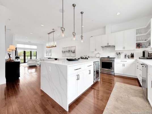 Interior, Kitchen, Living room, Pendant Lights, Recessed Lighting, Stainless Steel Appliances, Wood Texture Flooring