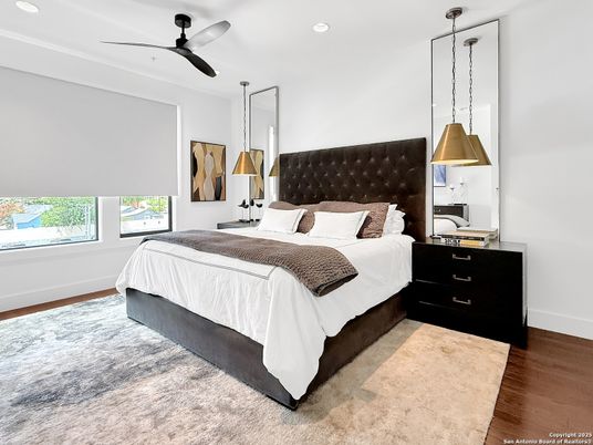 Bedroom, Interior, Pendant Lights, Recessed Lighting, Wood Texture Flooring