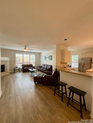 Fireplace, Interior, Kitchen, Living room, Wood Texture Flooring