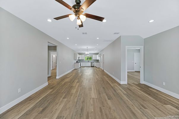 Empty room, Interior, Kitchen, Recessed Lighting, Wood Texture Flooring
