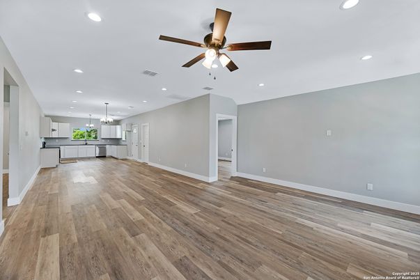 Empty room, Interior, Kitchen, Pendant Lights, Recessed Lighting, Wood Texture Flooring