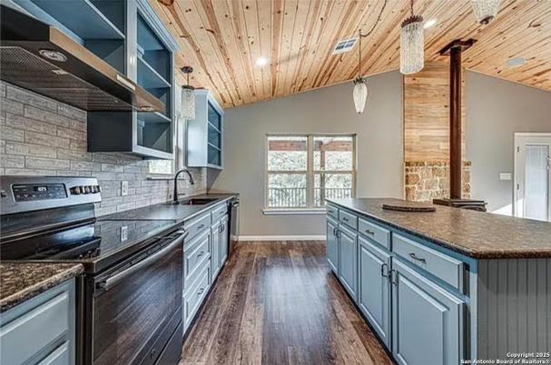 Interior, Kitchen, Pendant Lights, Recessed Lighting, Stone Walls, Wooden Ceilings, Wood Texture Flooring