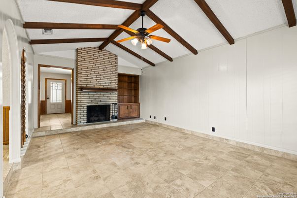 Empty room, Fireplace, Interior, Stone Walls, Wooden Beams