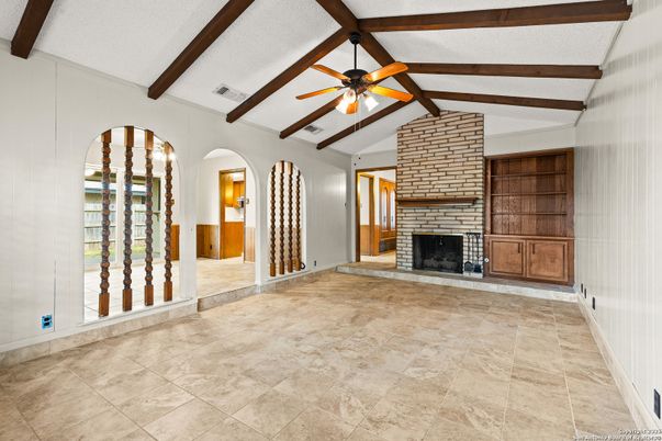 Empty room, Fireplace, Interior, Wooden Beams