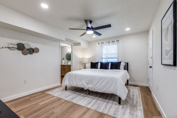 Bedroom, Interior, Recessed Lighting, Wood Texture Flooring