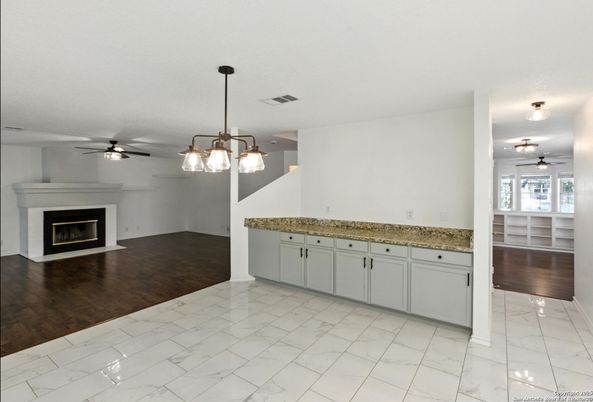 Empty room, Fireplace, Interior, Marble, Pendant Lights