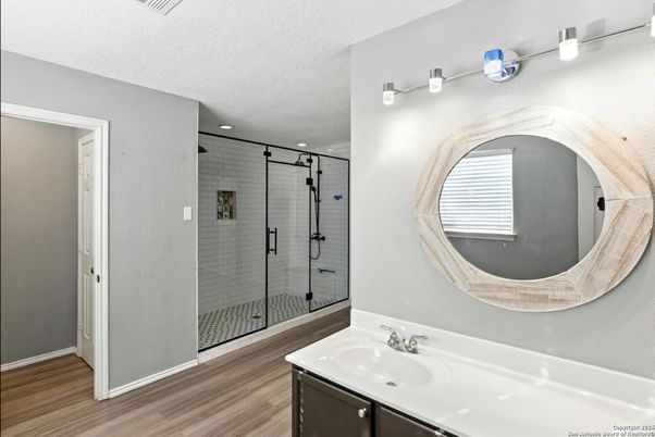 Bathroom, Glass Shower, Interior, Wood Texture Flooring