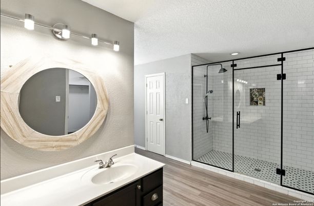 Bathroom, Glass Shower, Interior, Recessed Lighting, Wood Texture Flooring