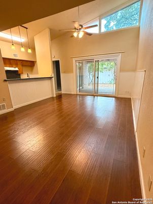 Empty room, Interior, Kitchen, Pendant Lights, Wood Texture Flooring