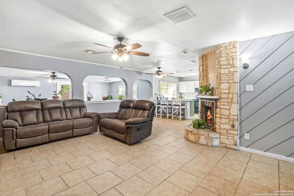 Fireplace, Interior, Living room, Recessed Lighting, Stone Walls