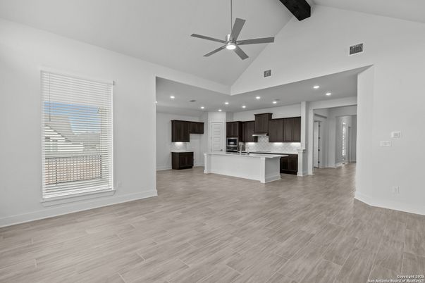 Empty room, Interior, Kitchen, Recessed Lighting, Wooden Beams, Wood Texture Flooring