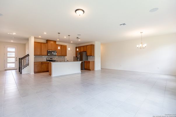 Chandelier, Empty room, Interior, Kitchen, Pendant Lights, Recessed Lighting, Stainless Steel Appliances