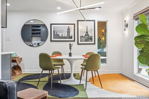 Dining room, Interior, Recessed Lighting, Wood Texture Flooring