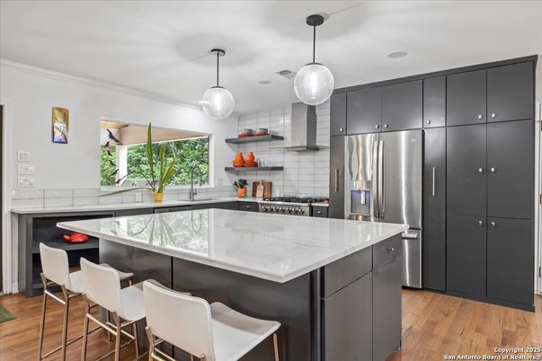 Interior, Kitchen, Pendant Lights, Stainless Steel Appliances, Wood Texture Flooring