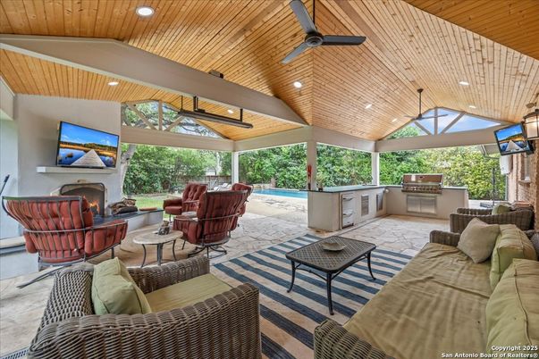 Exterior, Fireplace, Living room, Pool