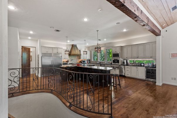 Interior, Kitchen, Pendant Lights, Recessed Lighting, Stainless Steel Appliances, Wooden Beams, Wood Texture Flooring