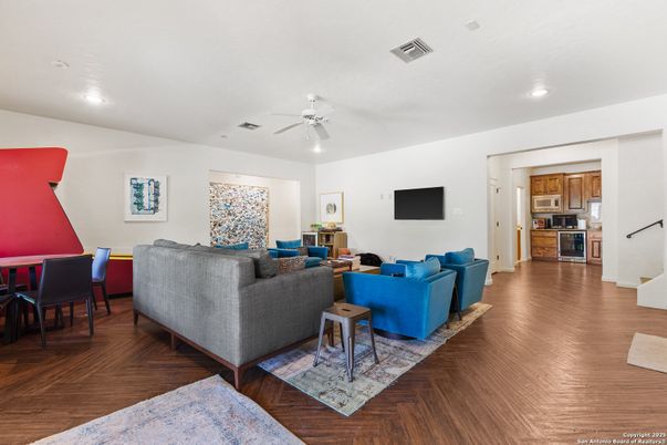 Dining room, Interior, Kitchen, Living room, Recessed Lighting, Stainless Steel Appliances, Wood Texture Flooring