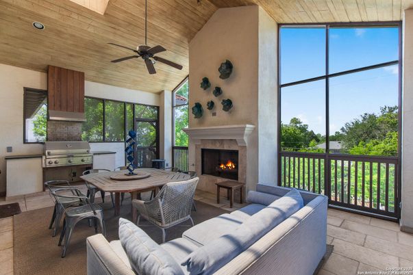 Dining room, Fireplace, Interior, Living room, Recessed Lighting, Sun Room, Wooden Ceilings