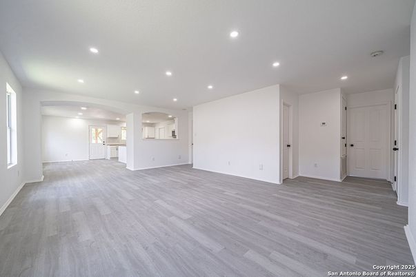 Empty room, Interior, Kitchen, Recessed Lighting, Wood Texture Flooring