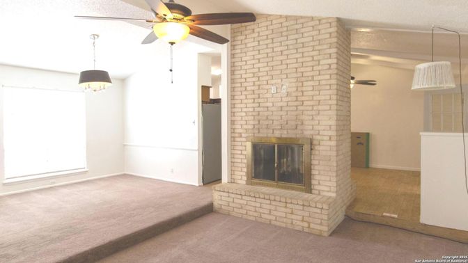 Empty room, Fireplace, Interior, Pendant Lights, Stone Walls