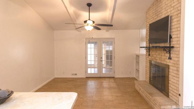 Empty room, Fireplace, Interior, Stone Walls, Wood Texture Flooring