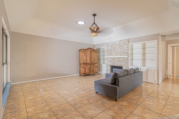 Empty room, Fireplace, Interior, Recessed Lighting, Stone Walls