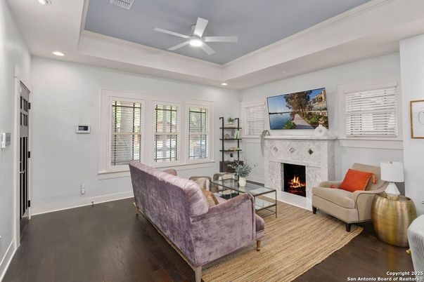 Fireplace, Interior, Living room, Recessed Lighting, Wood Texture Flooring