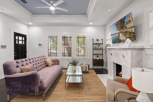 Fireplace, Interior, Living room, Recessed Lighting, Wood Texture Flooring