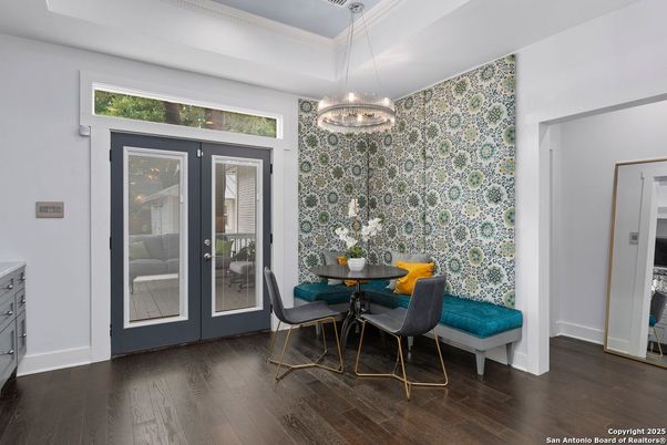 Chandelier, Dining room, Interior, Wood Texture Flooring