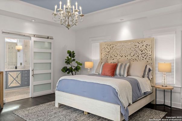 Bedroom, Chandelier, Interior, Recessed Lighting, Wood Texture Flooring