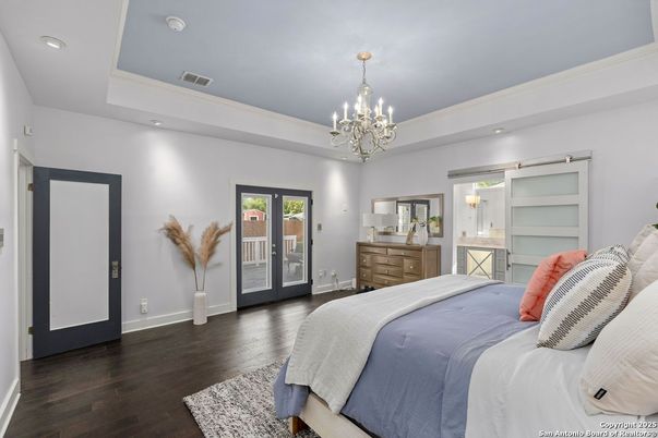Bedroom, Chandelier, Interior, Recessed Lighting, Wood Texture Flooring