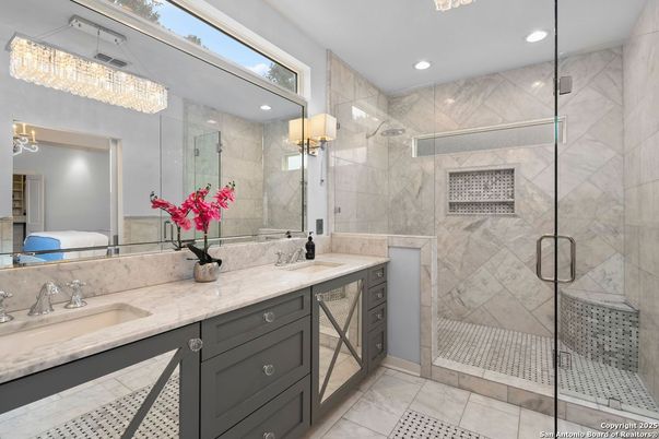 Bathroom, Dual Sink Vanities, Glass Shower, Interior, Marble Walls, Recessed Lighting