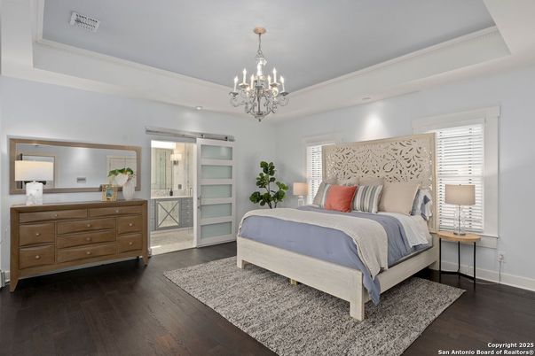 Bedroom, Chandelier, Interior, Recessed Lighting, Wood Texture Flooring