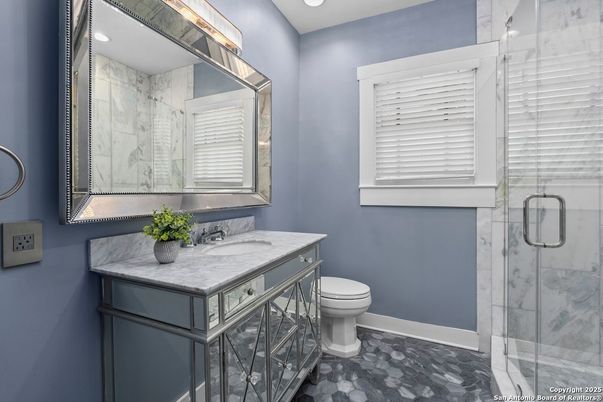 Bathroom, Glass Shower, Interior, Marble Walls, Recessed Lighting