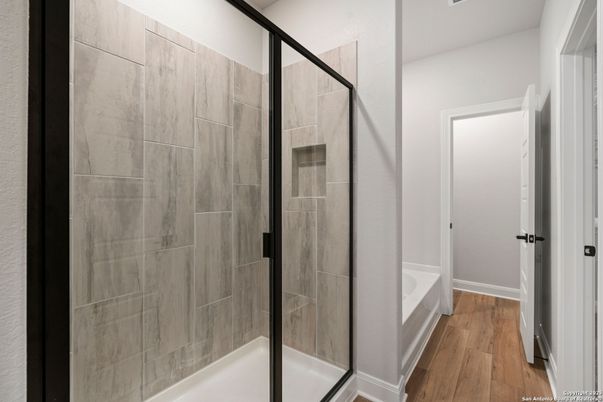 Bathroom, Glass Shower, Interior, Wood Texture Flooring