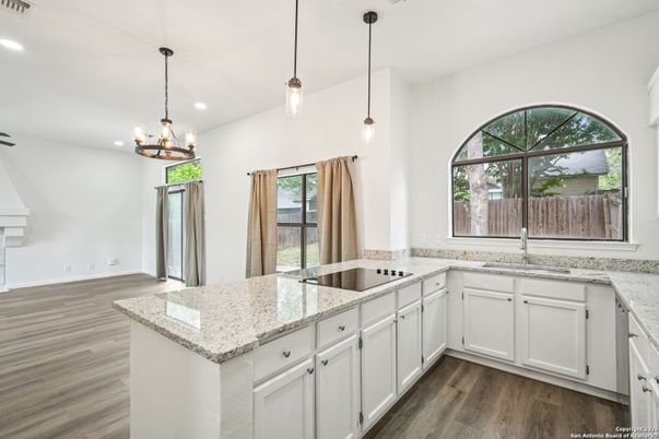 Interior, Kitchen, Pendant Lights, Recessed Lighting, Wood Texture Flooring