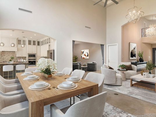 Chandelier, Dining room, Interior, Kitchen, Living room, Pendant Lights, Recessed Lighting, Stainless Steel Appliances