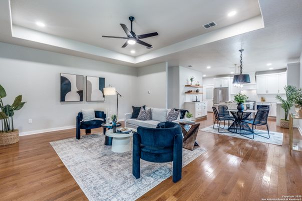 Dining room, Interior, Kitchen, Living room, Pendant Lights, Recessed Lighting, Stainless Steel Appliances, Wood Texture Flooring