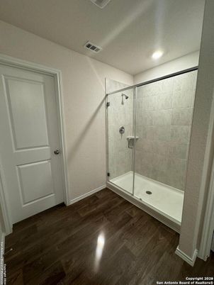 Bathroom, Glass Shower, Interior, Recessed Lighting, Wood Texture Flooring