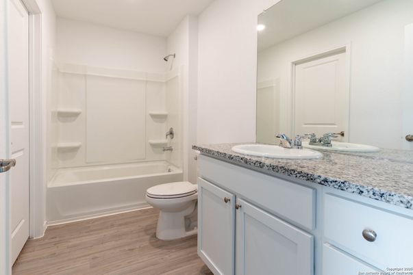 Bathroom, Dual Sink Vanities, Interior, Recessed Lighting, Wood Texture Flooring